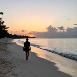 Caribbean Holidays, Cayman Wellness, Wellness traveller enjoying a sunrise beach walk along Seven Mile Beach, Grand Cayman, soft morning light and calm sea