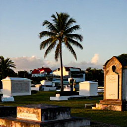 Caribbean Holidays, Cemetery Tours, Golden evening light over a historic Caribbean cemetery, with old monuments, palm trees, and a quiet coastal town beyond
