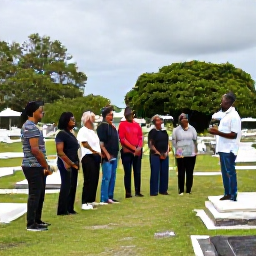 Caribbean Holidays, Cemetery Tours, Respectful visitors on a quiet cemetery tour in the Caribbean, wearing comfortable clothing and listening to a local guide