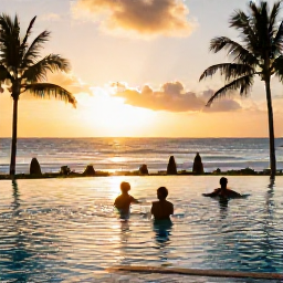 Caribbean Holidays, Cheap Adults-Only Holidays, Budget-friendly adults-only resort pool overlooking a Caribbean beach at sunset, with guests enjoying a relaxed holiday