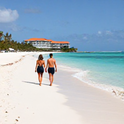 Caribbean Holidays, Cheap Adults-Only Holidays, Couple walking along a quiet Caribbean beach near an adults-only hotel, with clear water and soft white sand