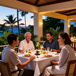 Caribbean Holidays, Cheap Adults-Only Holidays, Friendly adults-only Caribbean resort restaurant serving dinner outdoors, with tropical plants and warm evening lighting