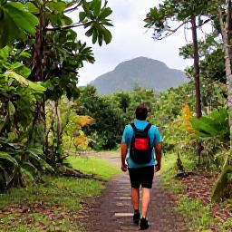 Caribbean Holidays, Cheap Adventure Holidays, A budget-conscious traveller walking through a green Caribbean rainforest on a marked trail with mountains in the distance