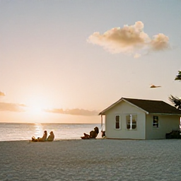 Caribbean Holidays, Cheap Adventure Holidays, A couple relaxing on a Caribbean beach at sunset beside simple affordable accommodation, with warm light over the sea