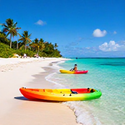 Caribbean Holidays, Cheap Adventure Holidays, A lively Caribbean beach with clear turquoise water, colourful kayaks, palm trees and travellers enjoying an affordable adventure holiday