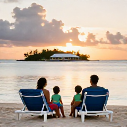 Caribbean Holidays, Cheap All-Inclusive, A couple and family relaxing on a Caribbean beach at sunset, with calm water, loungers and a small island resort in the background