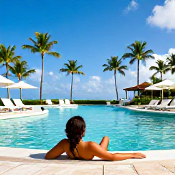 Caribbean Holidays, Cheap All-Inclusive, A traveller enjoying a relaxed Caribbean resort day, with a pool, palm trees, sun loungers and clear blue sky