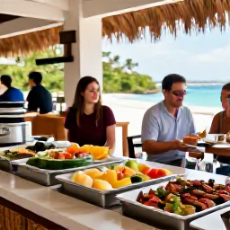 Caribbean Holidays, Cheap All-Inclusive, A welcoming Caribbean resort buffet with fresh fruit, grilled food, salads and guests dining in a bright open-air restaurant