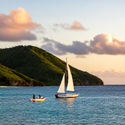 Caribbean Holidays, Cheap Antigua April, A couple sailing along the Antiguan coast at sunset, with green hills, clear blue sea and a small boat in the foreground