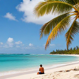 Caribbean Holidays, Cheap Antigua April, A sunny Antigua beach in April with calm turquoise water, palm trees and a relaxed traveller enjoying the shoreline