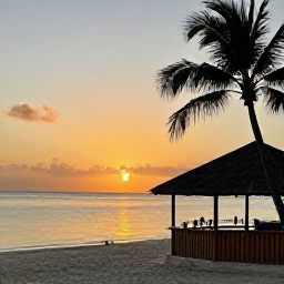 Caribbean Holidays, Cheap Antigua February, Golden sunset over an Antigua beach with calm sea, relaxed beach bar, silhouettes of palm trees and warm evening light