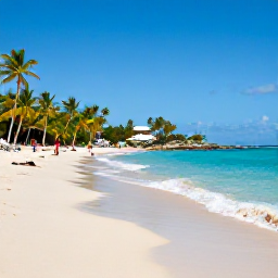 Caribbean Holidays, Cheap Antigua February, Relaxed February beach scene at Pigeon Point Beach in Antigua, clear turquoise water, pale sand, palm trees and a few holidaymakers