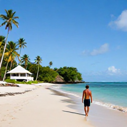 Caribbean Holidays, Cheap Antigua Holidays, Traveller exploring a quiet sandy beach near a small guesthouse in Antigua, with tropical vegetation and calm sea
