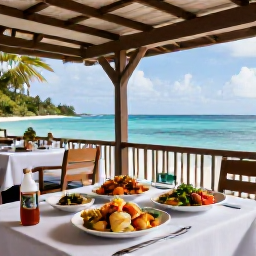 Caribbean Holidays, Cheap Antigua July, A relaxed Antigua restaurant serving fresh Caribbean seafood and local dishes on a shaded terrace near the sea