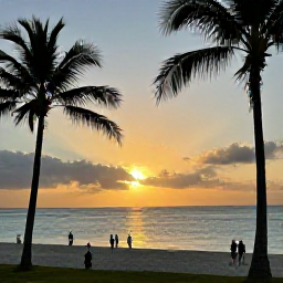 Caribbean Holidays, Cheap Antigua July, Golden sunset over an Antigua beach with calm turquoise water, palm silhouettes and holidaymakers taking an evening stroll
