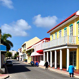 Caribbean Holidays, Cheap April Barbados, Colourful Bridgetown street scene in Barbados with historic buildings, local shops and people exploring in bright April sunshine