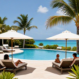 Caribbean Holidays, Cheap April Barbados, Relaxed Barbados hotel terrace with a swimming pool, palm trees and a couple enjoying an affordable April holiday