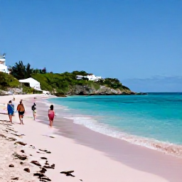 Caribbean Holidays, Cheap April Bermuda, Visitors walking along Horseshoe Bay in Bermuda on a clear April morning, with pink sand, turquoise sea and green coastal hills