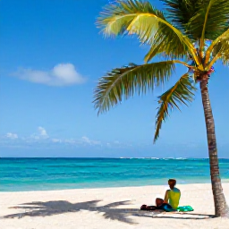 Caribbean Holidays, Cheap April Holidays, A sunny Dominican Republic beach in April with palm trees, turquoise sea and a relaxed traveller enjoying the warm weather