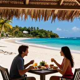Caribbean Holidays, Cheap April Holidays, Affordable Saint Lucia hotel beside a tropical beach, with a couple enjoying breakfast on a shaded terrace