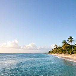 Caribbean Holidays, Cheap April Holidays, Bright coastal scene in Trinidad and Tobago in April, with a calm turquoise sea, sandy beach, palm trees and soft morning sunshine