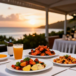 Caribbean Holidays, Cheap April Holidays, Casual Caribbean restaurant in the British Virgin Islands at sunset, serving fresh seafood and local dishes outdoors
