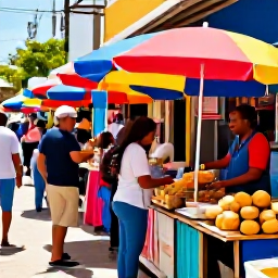 Caribbean Holidays, Cheap April Holidays, Colourful Caribbean market street with local food stalls, smiling vendors and visitors exploring in warm April sunshine