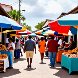 Caribbean Holidays, Cheap April Holidays, Colourful Dominican Republic market street with local food, crafts and friendly people in warm April sunshine