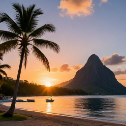 Caribbean Holidays, Cheap April Holidays, Colourful Saint Lucia sunset over a calm bay, with palm trees, small boats and a relaxed evening atmosphere