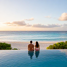 Caribbean Holidays, Cheap April Holidays, Couple relaxing beside a Caribbean resort pool overlooking a sandy beach and calm blue sea at sunset