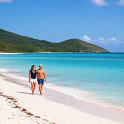 Caribbean Holidays, Cheap April Holidays, Couple walking along a peaceful British Virgin Islands beach in April, with turquoise sea and green hills in the background