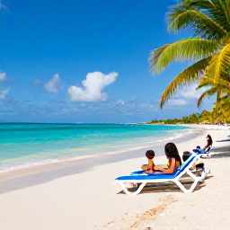 Caribbean Holidays, Cheap April Holidays, Family enjoying a calm Caribbean beach with sun loungers, shallow turquoise water and palm trees