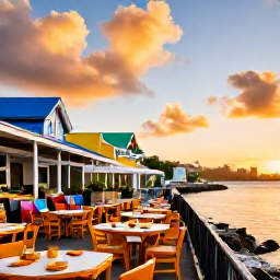 Caribbean Holidays, Cheap April Holidays, Friendly Caribbean waterfront restaurant in Kingstown at sunset, colourful buildings, outdoor tables and local food
