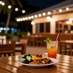 Caribbean Holidays, Cheap April Holidays, Friendly outdoor Caribbean restaurant in Trinidad and Tobago, with local dishes, tropical drinks, wooden tables and evening lights