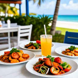 Caribbean Holidays, Cheap April Holidays, Outdoor table with fresh Caribbean seafood and local dishes at a relaxed restaurant in Providenciales