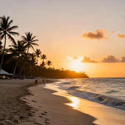 Caribbean Holidays, Cheap April Holidays, Peaceful Tobago beach at sunset in April, with warm golden light, gently lapping waves, palm trees and a few distant holidaymakers
