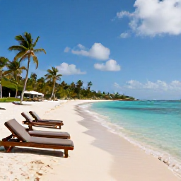 Caribbean Holidays, Cheap April Holidays, Quiet Caribbean beach on Saint Martin in April, with sun loungers, clear shallow water and a few palm trees