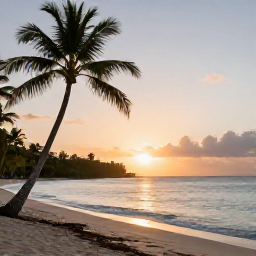 Caribbean Holidays, Cheap April Holidays, Relaxed Martinique sunset over a palm-fringed beach with warm evening light and calm Caribbean water