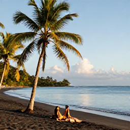 Caribbean Holidays, Cheap April Holidays, Relaxed travellers enjoying a simple black-sand beach on Dominica with palm trees, calm blue sea and warm afternoon light