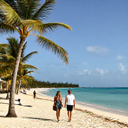 Caribbean Holidays, Cheap April Holidays, Relaxed travellers walking along Grace Bay Beach in April sunshine, with palm trees and calm turquoise sea