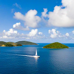 Caribbean Holidays, Cheap April Holidays, Sailing boat passing small green islands in the British Virgin Islands under a bright April sky