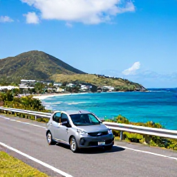 Caribbean Holidays, Cheap April Holidays, Small rental car driving along a scenic coastal road in Saint Martin and Sint Maarten, with green hills, blue sea and sunny April skies