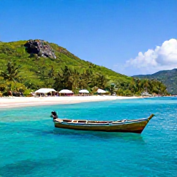 Caribbean Holidays, Cheap April Holidays, Small wooden boat approaching a quiet Grenadine island, clear blue sea, green hills and traditional Caribbean scenery