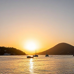 Caribbean Holidays, Cheap April Holidays, Sunset over a Caribbean bay in Sint Maarten, with boats on calm water and warm evening light over the hills