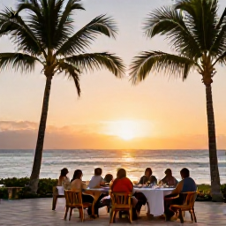 Caribbean Holidays, Cheap April Holidays, Sunset over a Dominican Republic resort with palm trees, warm evening light and guests dining outdoors
