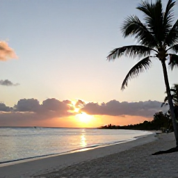 Caribbean Holidays, Cheap April Holidays, Sunset over a quiet white-sand beach in the Turks and Caicos Islands, with calm sea and silhouetted palms