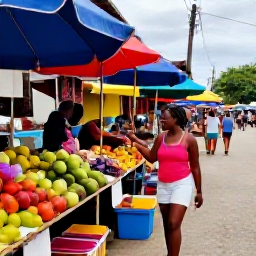 Caribbean Holidays, Cheap April Holidays, Traveller exploring a colourful Trinidad street market in April, with tropical fruit stalls, local crafts and friendly island atmosphere