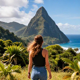 Caribbean Holidays, Cheap April Holidays, Traveller exploring the Pitons in Saint Lucia with green rainforest, volcanic peaks and blue sea in the background