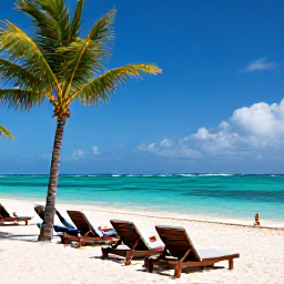 Caribbean Holidays, Cheap April Holidays, Travellers relaxing on a beautiful Dominican Republic beach with sun loungers, clear water and green palm trees
