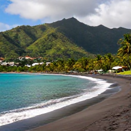Caribbean Holidays, Cheap April Holidays, Tropical Dominica coastline in April with lush green mountains, clear turquoise water and a quiet black-sand beach